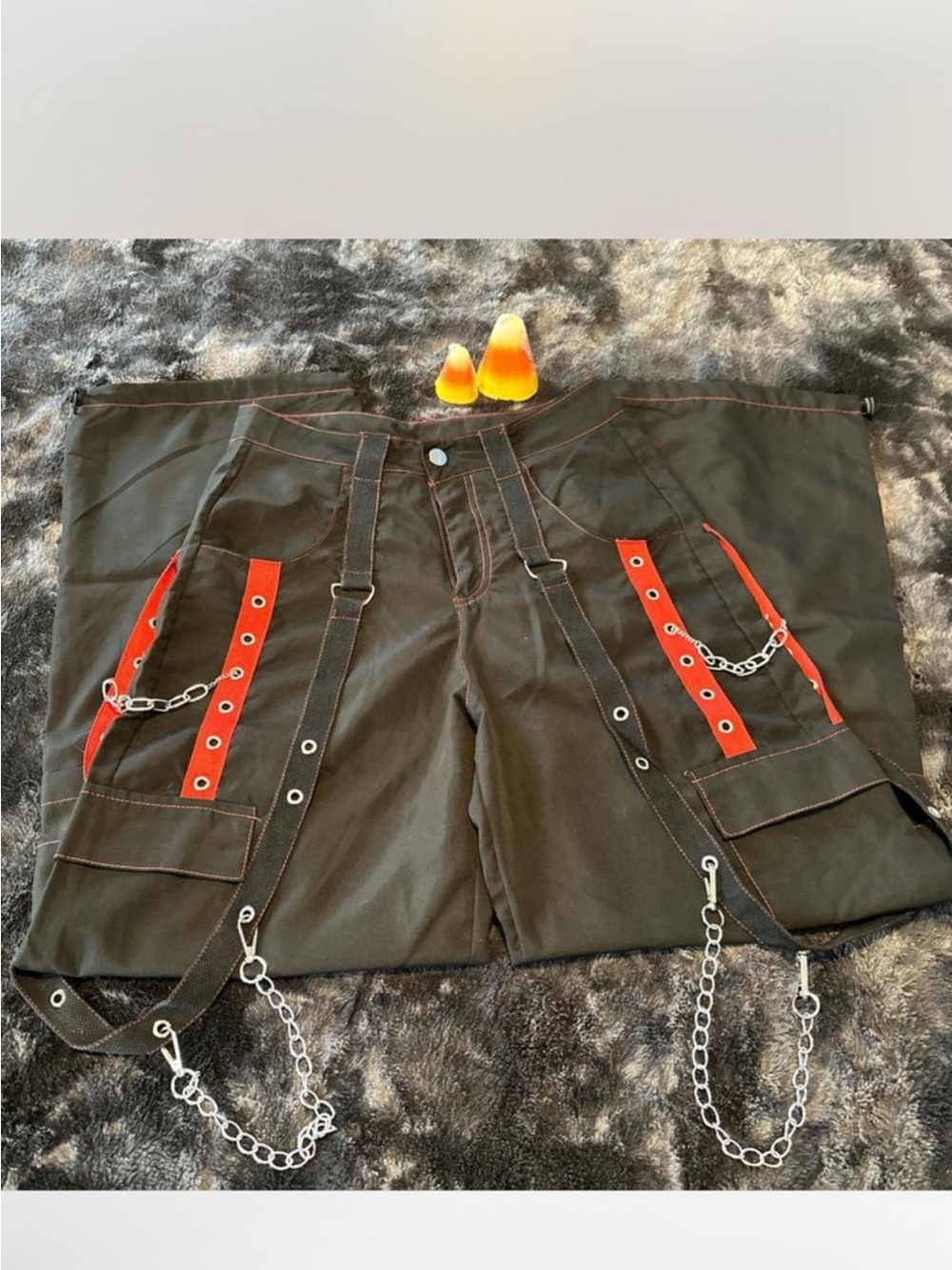 Wide Leg Emo/Bondage Style Black Cargo Pants with Red Trim and Chains